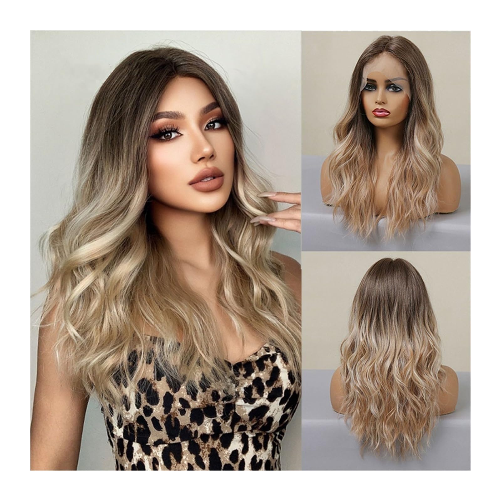 Perücken für Frauen Lange gewellte synthetische Lace-Front-Haarperücken, mittellange braunblonde Ombre-Spitzenperücke for Frauen, Afro-Cosplay, tägliches hitzebeständiges Haar für die Tägliche Party C