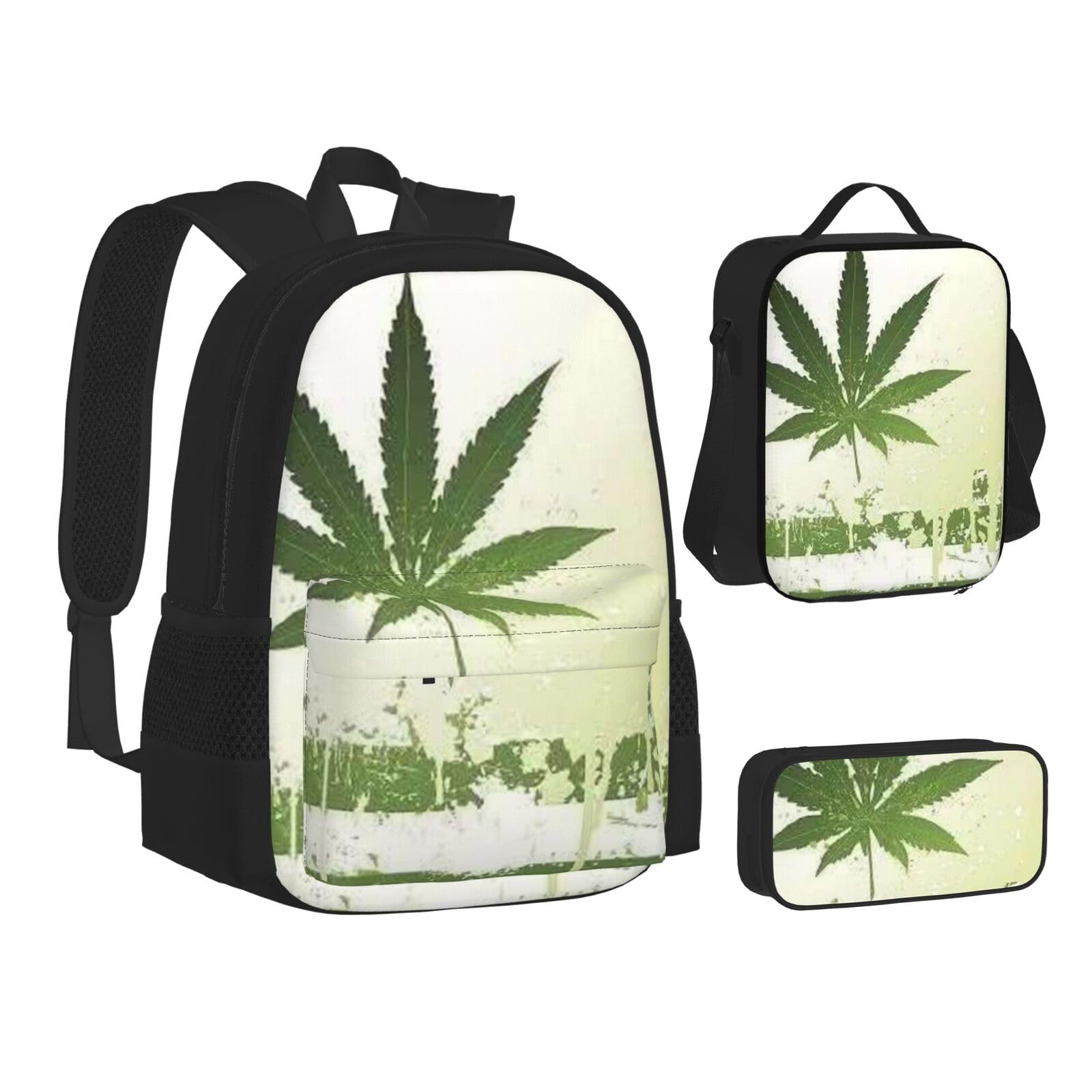 WURTON Teen-Rucksack mit Grass-Topf-Motiv, 3-in-1 (Federmäppchen + Schultasche + Lunchtasche)