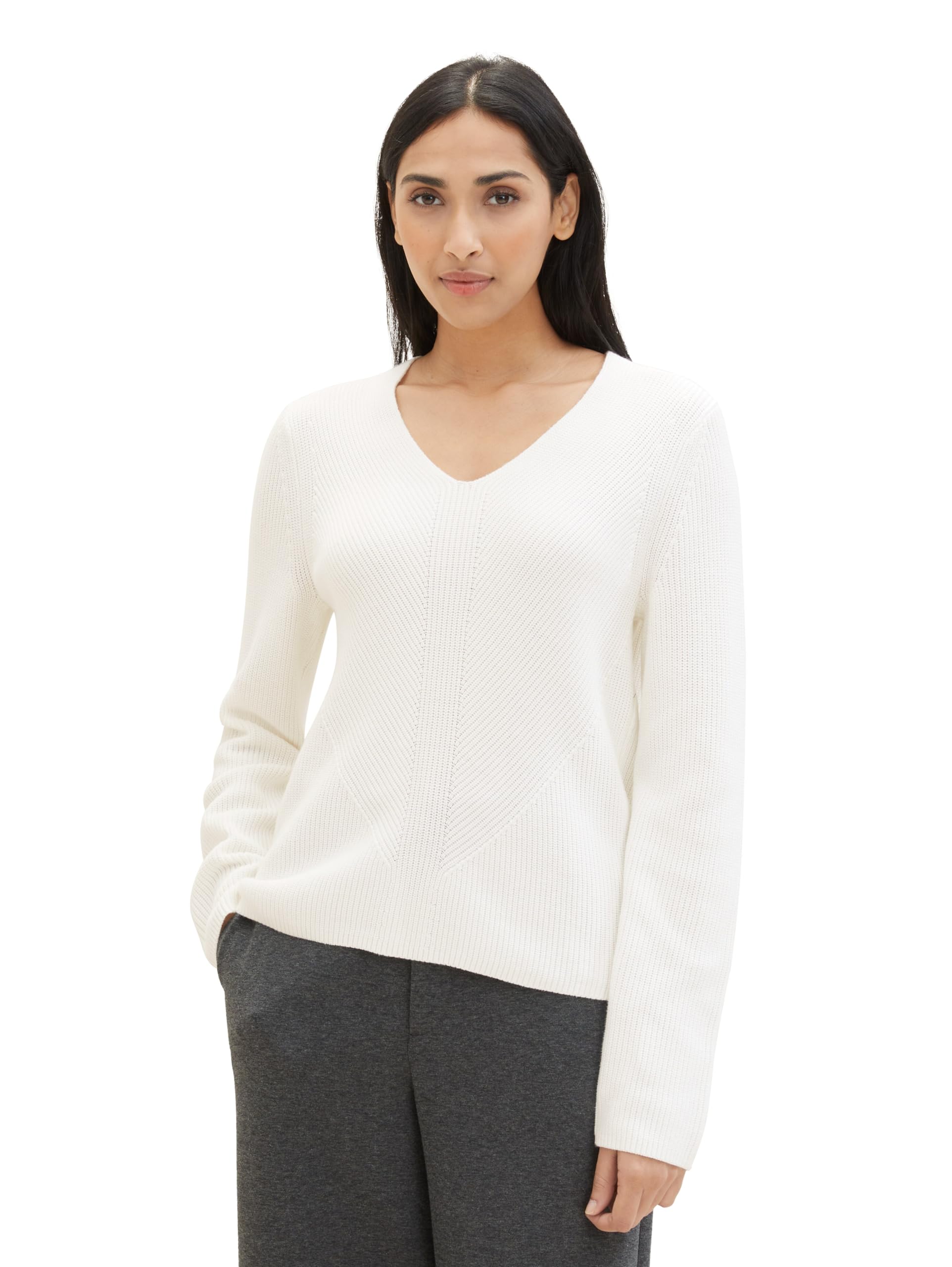 TOM TAILOR Damen Basic Strickpullover mit V-Ausschnitt, 10315 - Whisper White, L