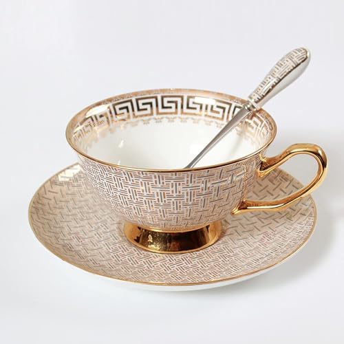 Japanische Teeservices, Porzellan-Tasse und Untertasse aus Knochenporzellan, 3-teilig, Japanisches Teeservice, Kaffeetasse, Untertasse und Löffel, Gold