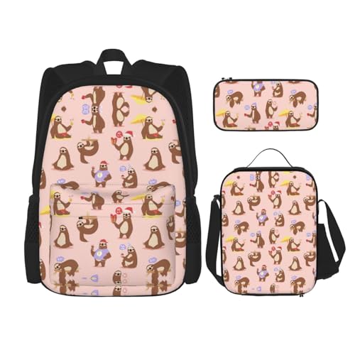 WURTON Schulrucksack-Set mit süßem Faultier-Druck, 3-in-1-Büchertaschen-Set mit Lunchbox, Federmäppchen, Reise-Laptop-Tagesrucksäcke