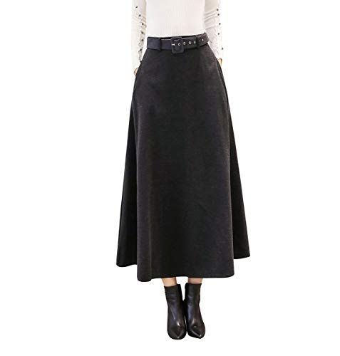 Damen Rock Lang Winterrock Wollrock Warm Hohe Taille Elegante Vintage Rock Casual A-Linie Maxi Rock Faltenrock (M, Grau)