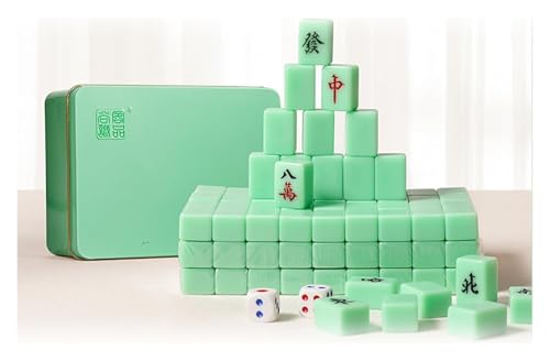 BFVAKBKYT Chinesisch Majong Set, Chinesische Mini-Daumen-Mahjong-Steine*144, massives Melamin, mit tragbarer Aufbewahrungsbox aus Metall + Tischdecke + 2 Würfel + 4 Steinboxen,(Green)