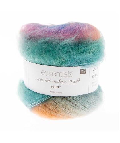 Rico Essentials Super Kid Mohair loves Silk Print, Fb. 4 Wind, Regenbogen Lacegarn aus Super Kid Mohair & Seide zum Stricken und Häkeln, Lacewolle Nadelstärke 4,5 mm