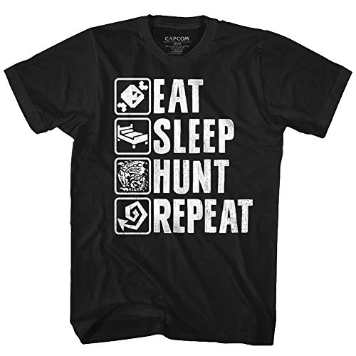 Monster Hunter Videospiel Eat Sleep Hunt Repeat T-Shirt für Erwachsene, schwarz, Mittel