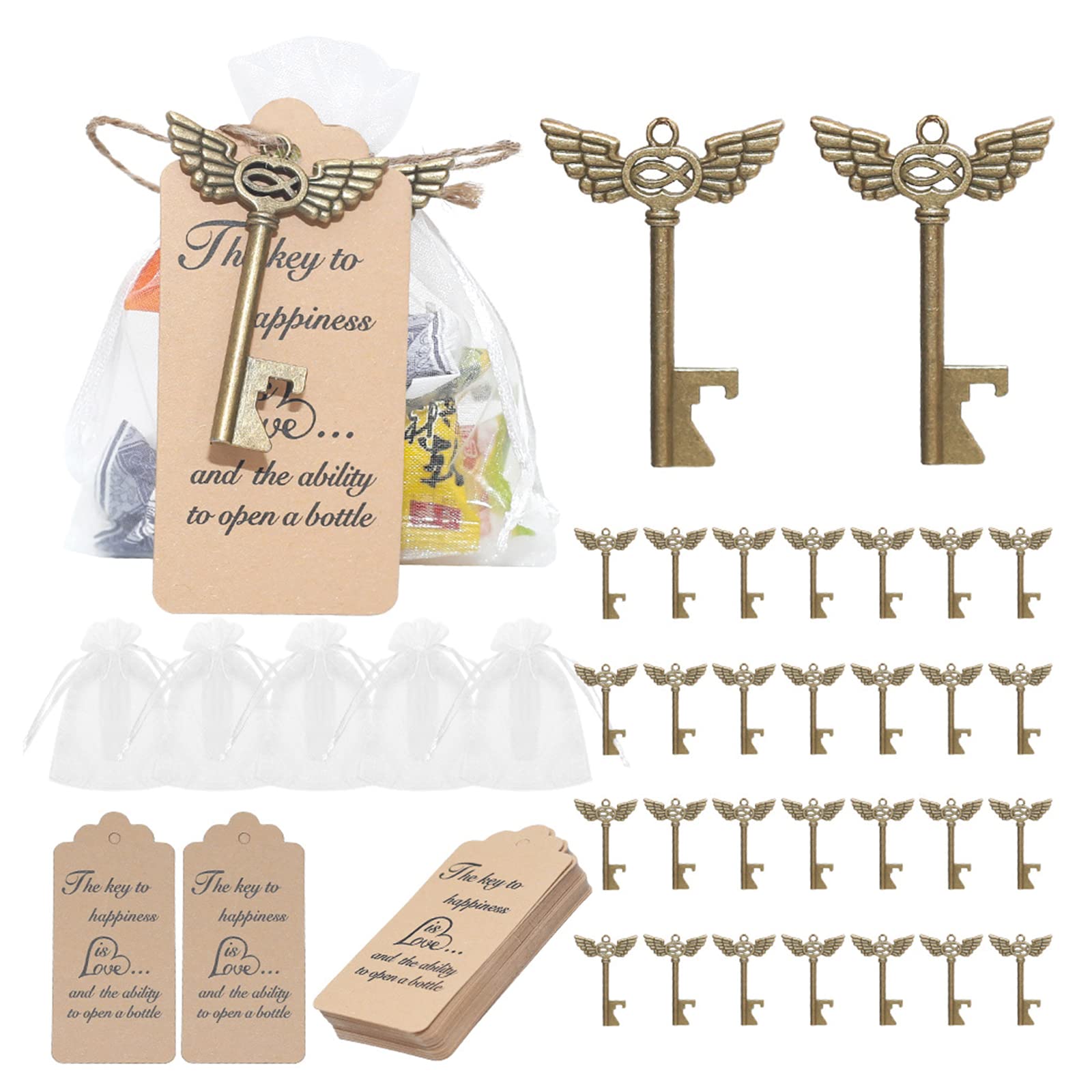 LARUISEE Vintage Winkelflügel für Schlüssel, Flaschenöffner, Partygeschenk, Hochzeitsgeschenk, Gast-Souvenir, Geschenk-Set mit Karte, 50 Stück, Schlüssel-Flaschenöffner, Party, Dankeschön