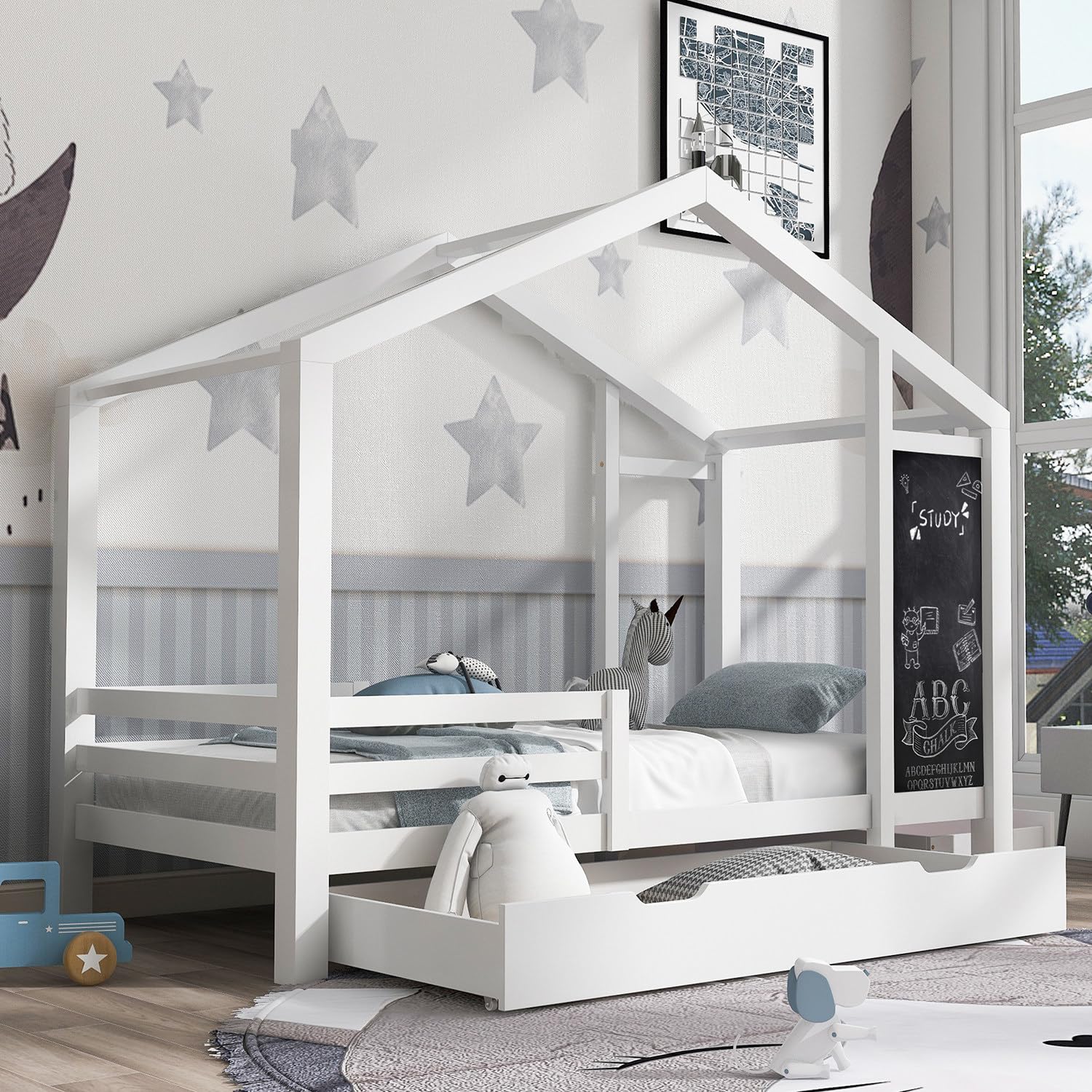 Qiang Kinderbett 90x200 mit Rausfallschutz und Rolllattenrost - Hausbett 90x200 Dachgestell für Jungen & Mädchen - Kinder Haus Bett Einzelbett für Kinderzimmer - Bett in Weiß