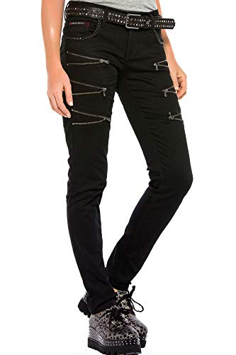 Cipo & Baxx Damen Jeans Hose Pants Ziersteine Denim Modern Regular Fit Jeanshose Schwarz W28 L34