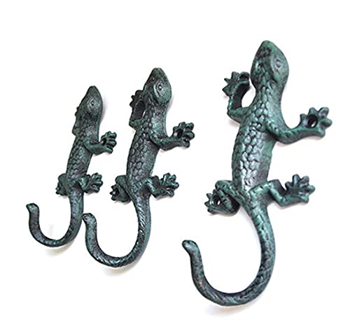 TentHome 3er Set Gecko-Haken Rustikal Wandhaken Eisenhaken Kleiderhaken Gusseisen Garderobenhaken Schlüssel-Haken Wandbehang für Blumentopf Pflanzen Garten Dekoration,Patina-Gecko