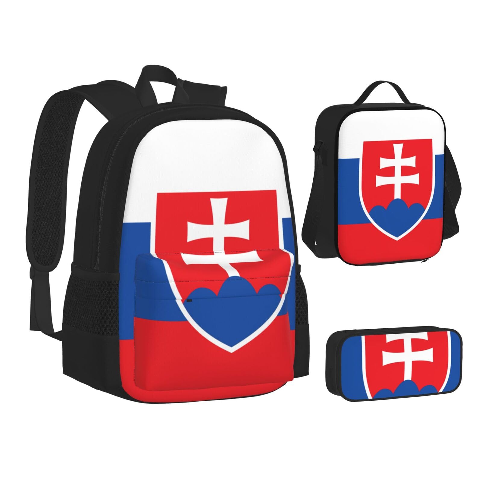 WURTON Lunchbox-Set, Motiv: Flagge der Slowakei, 3-in-1-Rucksack und Federmäppchen, passende Kombination, Schwarz, Einheitsgröße