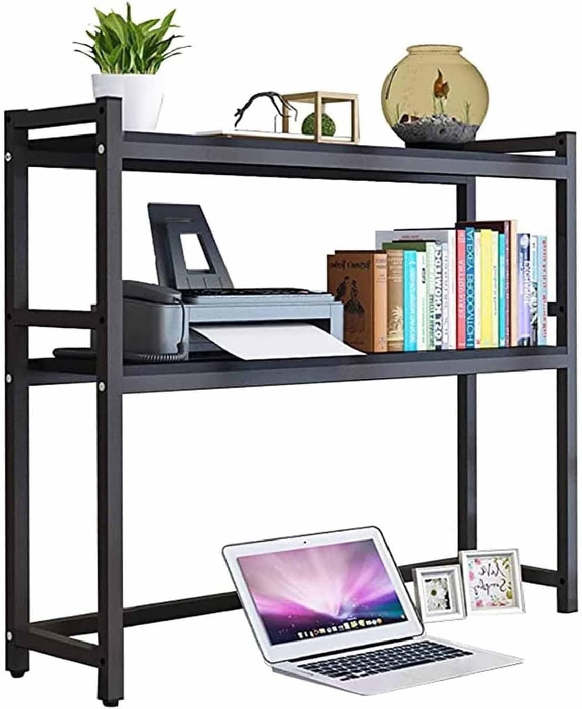 QYZUJIKL Schreibtisch-Bücherregal aus Metall für den Computertisch – verstellbares Schreibtisch-Bücherregal, Organizer-Rack, 2-lagiges Schreibtisch-Bücherregal aus Holz und Metall