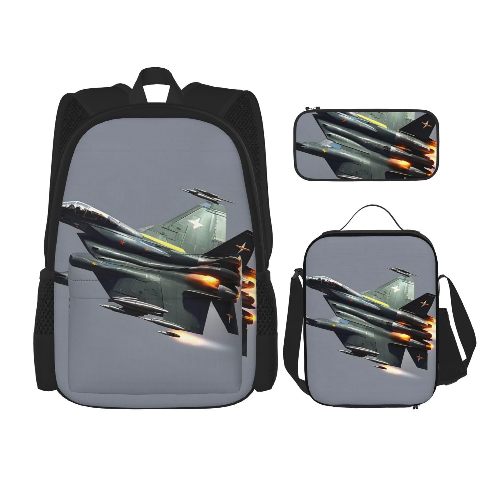 WURTON Jet Fighter Print Reise Lunchbox Federmäppchen Rucksack Set 3 Stück Verstellbare Träger Leicht, Schwarz, Einheitsgröße