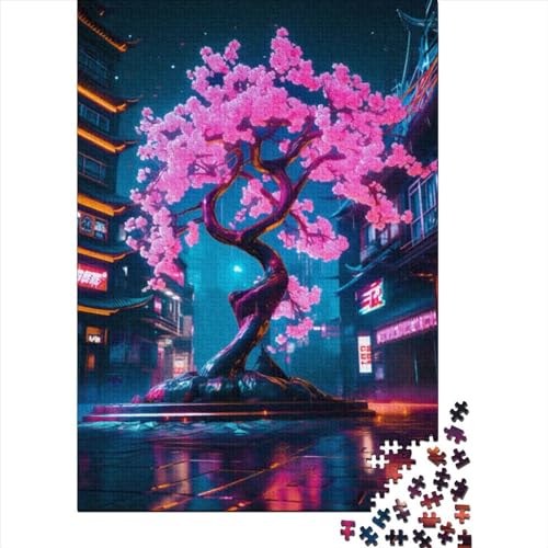 Fantasy Neon Cherry Bloss Holzpuzzle für Erwachsene und Jugendliche, 1000 Teile, Puzzle für Erwachsene und Jugendliche, Stressabbau, schwierige Herausforderung, 29,53 x 19,69 Zoll