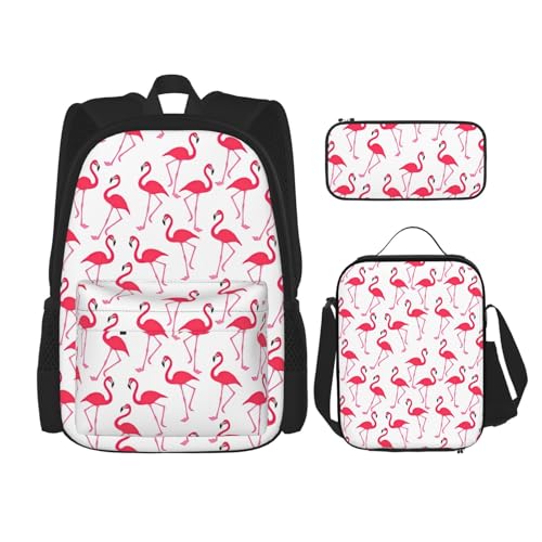 WURTON 3-in-1 Büchertaschen-Set, verstellbarer Schulter-Rucksack, Lunch-Tasche, Federmäppchen, Tasche, rosa Flamingo-Muster, Schwarz, Einheitsgröße