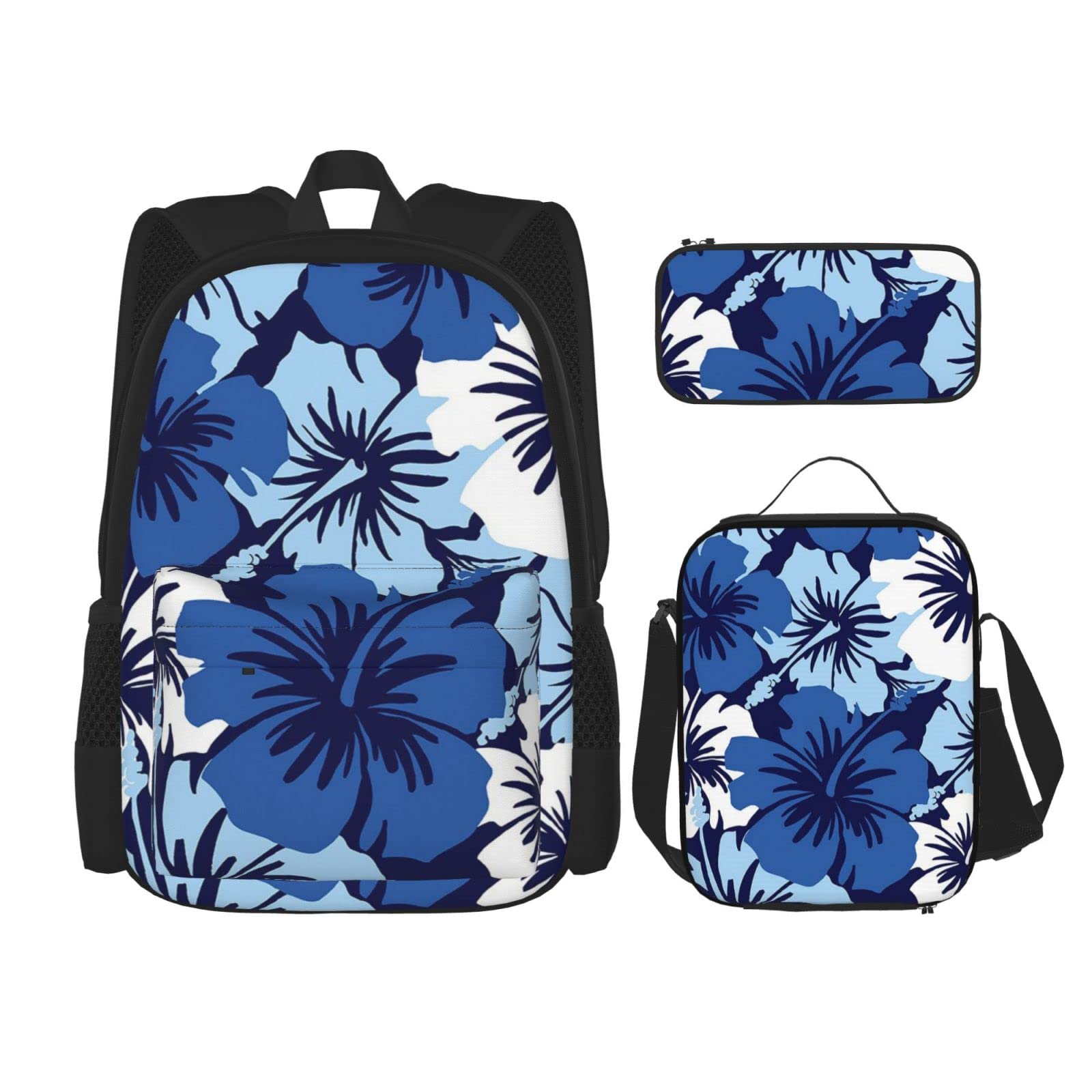 DENMER Mehrzweck-Schulranzen mit Libelle, mit passendem Federmäppchen und Lunchtasche, Set - Ihre stilvolle All-in-One-Lösung, Schwarz, Blauer Hibiskus, Einheitsgröße