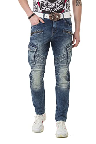 Cipo & Baxx Herren Jeanshose Straight Fit Cargotaschen Denim Jeans CD780 Blau W30 L32