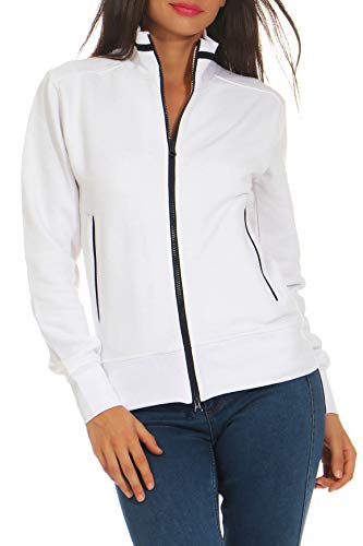 Happy Clothing Damen Sweatjacke mit Reißverschluss und Kragen ohne Kapuze im sportlichen Design, Elegante Jacke aus Baumwolle für Sport und Freizeit, Größe:XXL, Farbe:Weiß