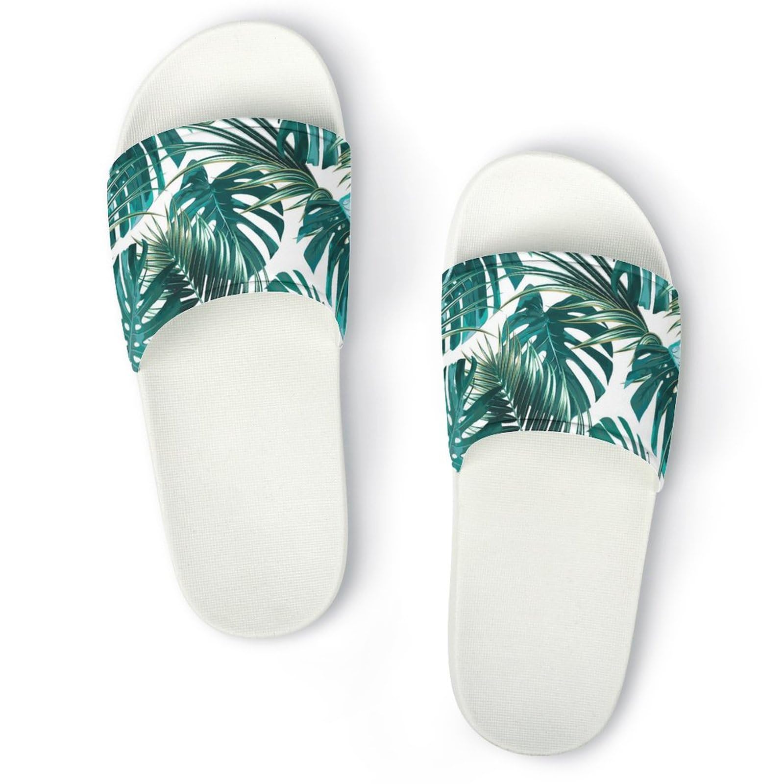 HABXNJF Duschpantoffeln, Palmblatt und Monstera Slider für Männer und Frauen, rutschfeste Slides für Indoor, Outdoor, Weiße Palmenblätter und Monstera, 40 2/3 EU