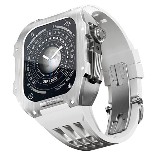 KANUZ Gummiarmband, Metalllünette für iWatch SE/4/5/6/7/8, Apple Mod Watch-Zubehör, Ersatz-Edelstahlgehäuse für SE, Apple-Serie, 44 mm, 45 mm (Farbe: Weiß, Größe: 45 mm)