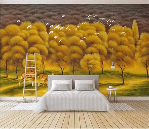 Goldener Wald Elch Vogel 3D Tapete Poster Restaurant Schlafzimmer Wohnzimmer Sofa TV Dekorative Wand-250cm×170cm