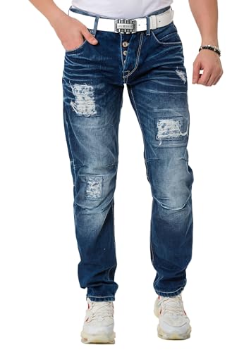 Cipo & Baxx Herren Jeans Hose Regular Fit Destroyed Knopfleiste CD838 Blau W42 L34