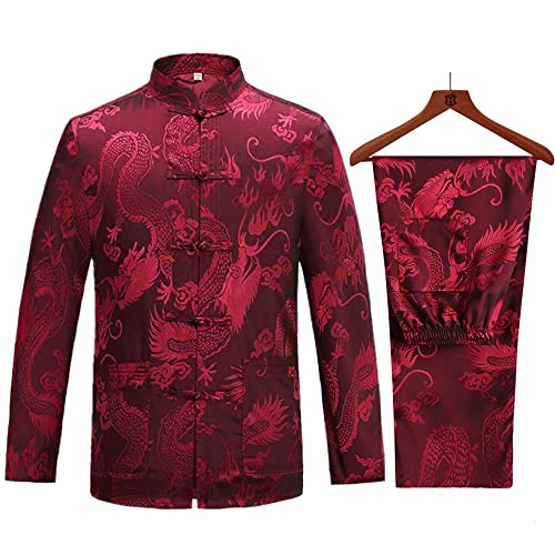 wecotton Kung Fu Anzüge Sets Herren Chinesischer Tang Anzüge Hanfu Kampfsport Kleidung Hemd Traditionell Wing Chun Taichi Uniform Oberteile Hosen(EU XL/Asien Größe XXXL, Rot)