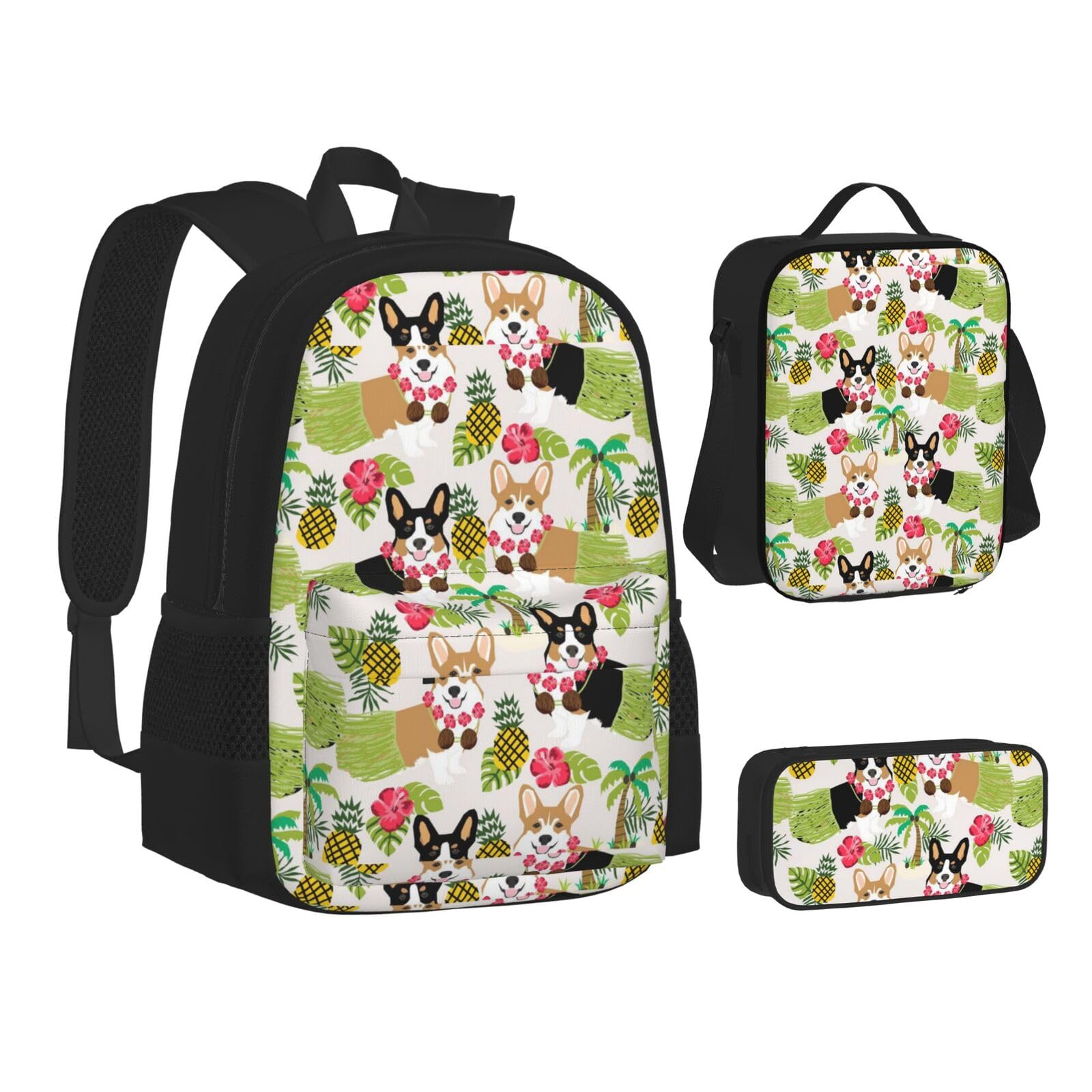 WURTON Büchertasche mit vielen goldenen Blumen bedruckt, Lunch-Tasche, Federmäppchen, 3-in-1, Schulrucksack-Set, Kinderrucksack, Tropische Blume und Corgi, Einheitsgröße