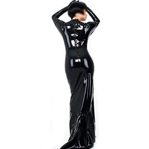 Hoher Ausschnitt Langarm Leder PVC Abendkleider Rückenfrei Partykleider Damen Bademäntel Vestidos,Schwarz,4XL