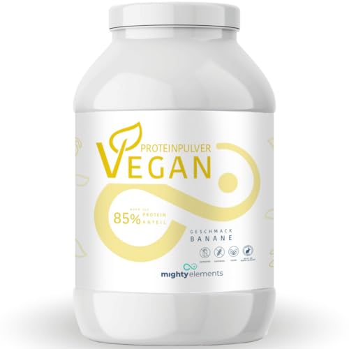 Mighty Elements VEGANES PROTEIN BANANE 1kg - 85% pflanzliches Eiweiß, 5k-Proteinpulver, Eiweißpulver ohne Gluten, Laktose & Milcheiweiß, Eiweißshake, Muskelaufbau