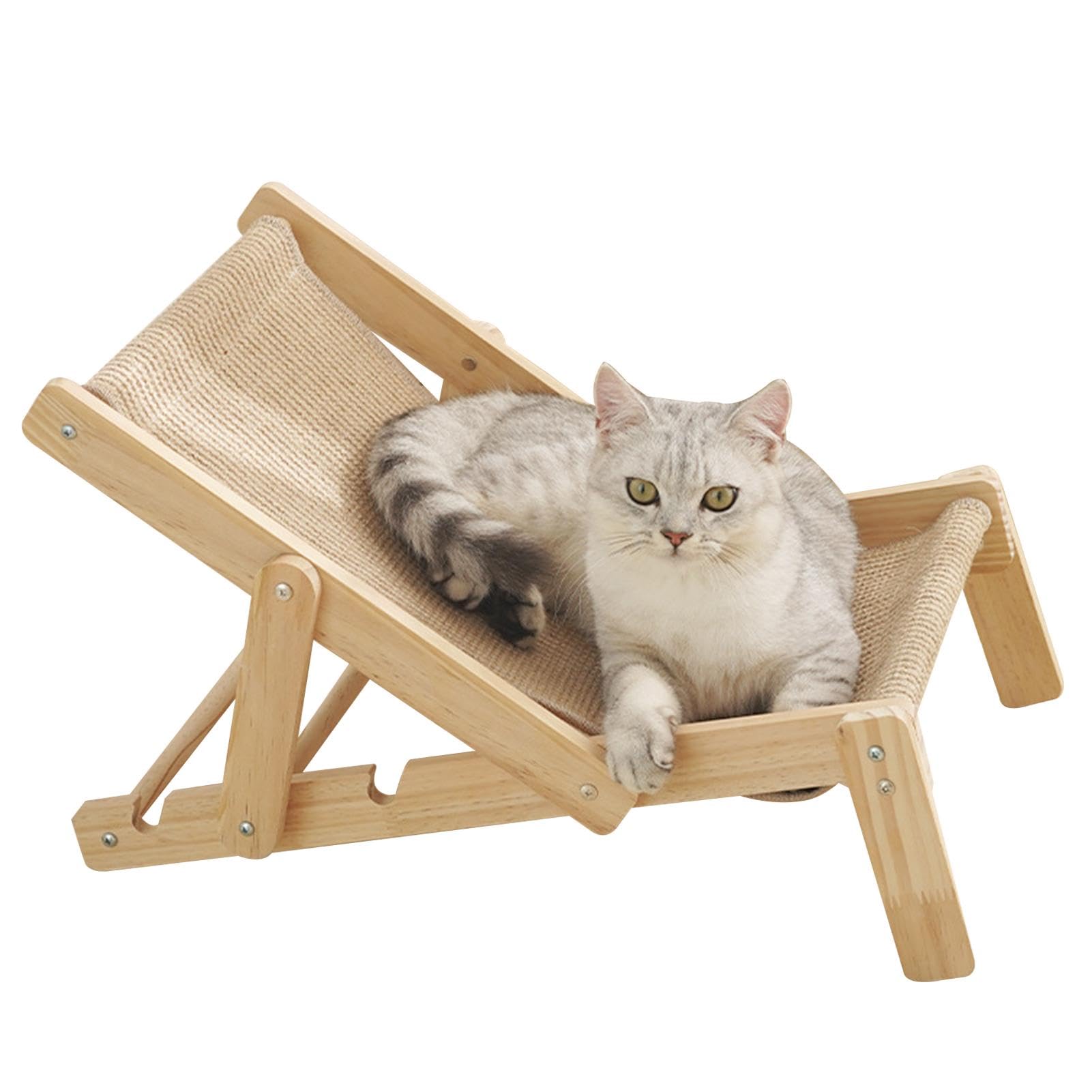 Katzen-Loungebett – verstellbarer Strandstuhl, schicker Schaukelstuhl aus Holz für Haustiere | Erhöhte Katzenstuhl-Bett-Hängematte mit abnehmbarer Sisalauflage, Katzenhängematte, erhöhtes Kühlbett für