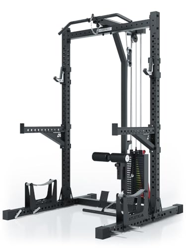 ATLETICA R7 Rider | Steckgewichte Version | Squat Rack mit Latzug mit Steckgewichte kaufen. 95kg Steckgewichte am Latzug. Ersetzt nahezu ein vier Pfosten Power Rack Größe 203 cm