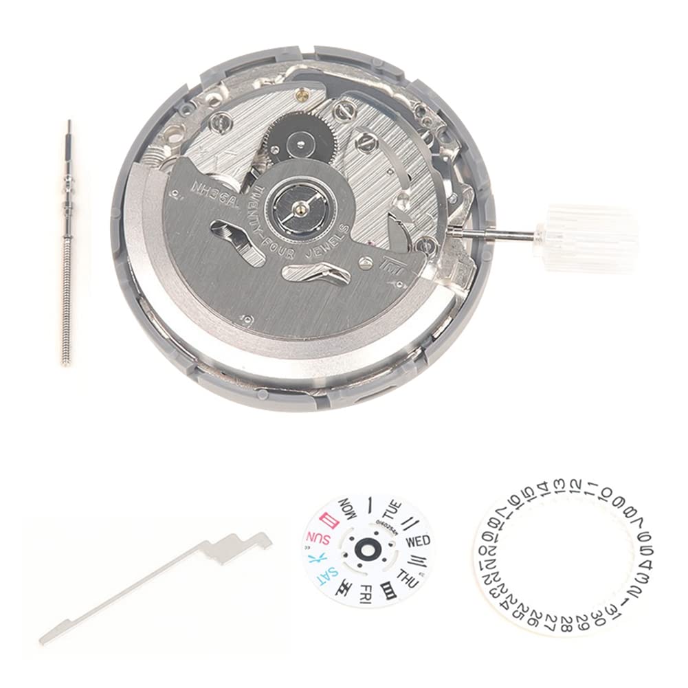 Seprendi NH36/NH36A-Uhrwerk + Stahlschaft + Wochenzifferblatt + Kalender-Zifferblatt + Kontrollstab-Set, hohe Genauigkeit, automatisches mechanisches Uhrwerk, silber