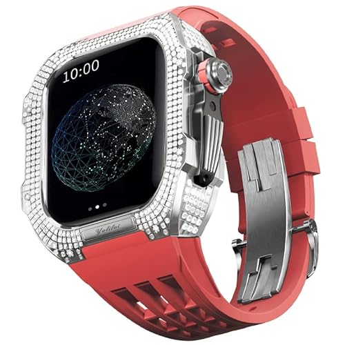 KANUZ Edles Titangehäuse und Gummiband, kompatibel mit Apple Watch 45 mm, Lünette aus Titanlegierung und Fluorkautschuk-Band für iWatch Serie 8, 7, 45 mm Umbauset (Farbe: Rot 1, Größe: 45 mm)