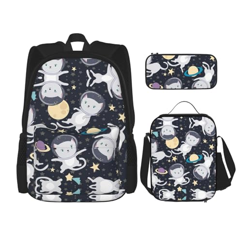 WURTON Lustiges Katzen-Astronauten-Druck, 3-in-1-Sets, lässig, verstellbar, Schulter-Rucksack, Lunch-Tasche, Federmäppchen, Beutel, Schwarz, Einheitsgröße