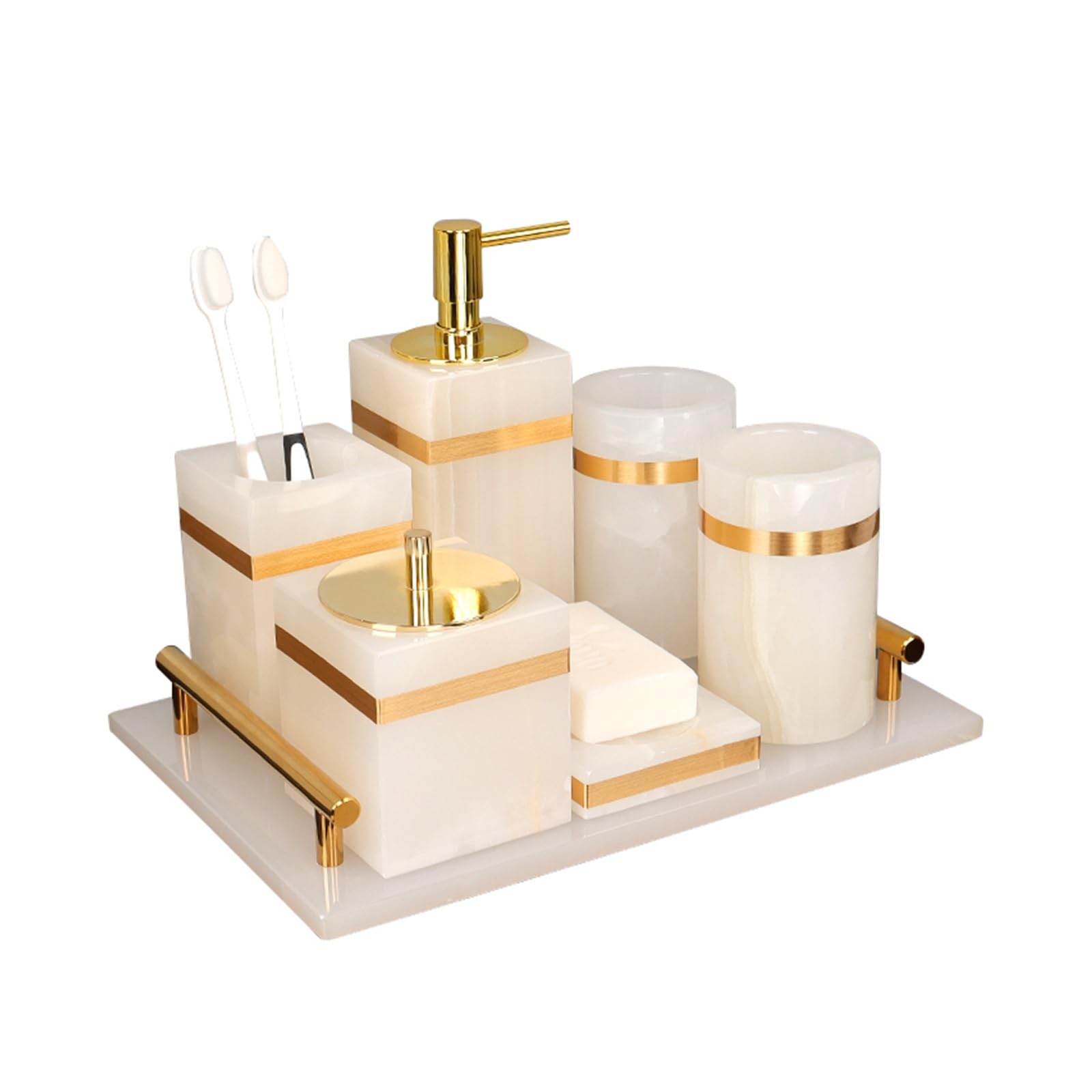 AMEEDA Badezimmer Set Badezimmer-Zubehör aus weißem Naturmarmor, Goldener Luxus-Seifenspender, Wattestäbchenhalter, Zahnbürstenhalter, Badezimmer-Set Badezimmer Set Akazie(Tray)