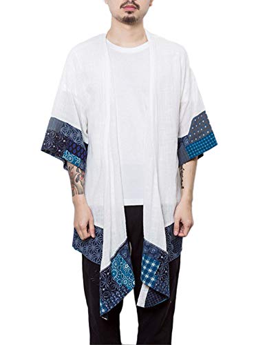 Idopy Männer `s Weinlese-Baumwollleinen-Mantel-Poncho-Kap-Mantel-Wolljacke (610 Weiß, Large)