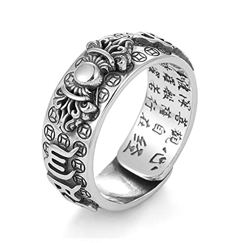 Glücksring, Feng Shui Pixiu Mantra Ring S925 Silber Buddhistisches Glücksamulett Mantra Doppelter Schutz Reichtum Liebe Gesundheit Ring Geschenk for Männer Frauen, Gold 2, verstellbar ( Color : Silver