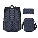 WURTON Gepunktete Linien, geometrische Formen auf blauem Hintergrund, trendiger Rucksack, Tasche, Lunchbox und Federmäppchen, 3-in-1, verstellbares Rucksack-Set, Schwarz, Einheitsgröße, Schwarz ,