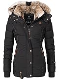 MARIKOO Damen Wintejacke warme Steppjacke mit Kunstfell Innenfutter Nekoo Schwarz Gr. XS