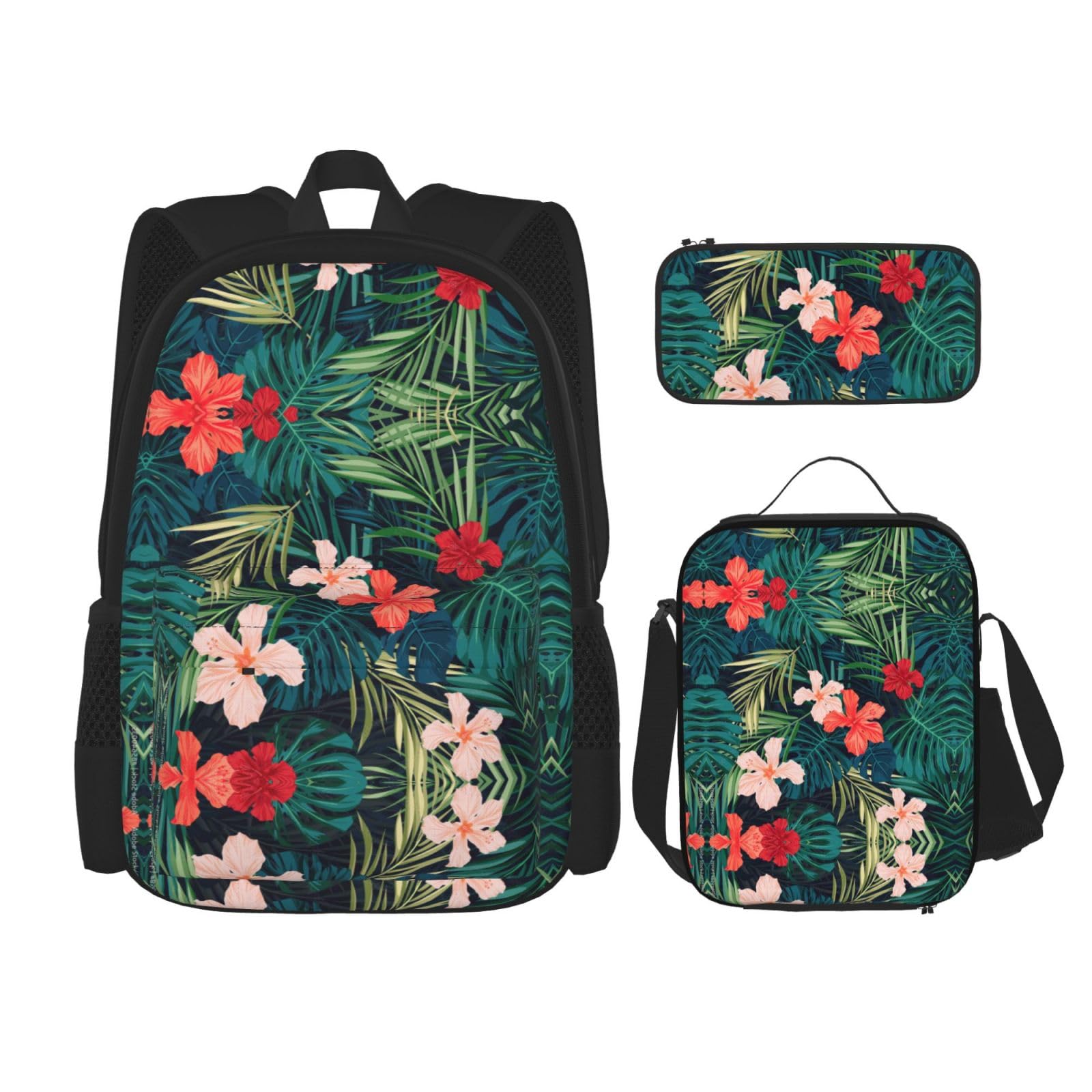 WURTON 3-in-1 Büchertaschen-Set, Sommer, Hawaii-Druck, verstellbar, Schulter-Rucksack, Lunch-Tasche, Federmäppchen, Beutel, Schwarz, Einheitsgröße