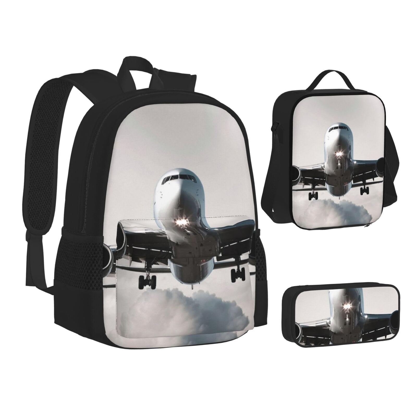 WURTON Flugzeug-Kunstdruck Teen Rucksack Set von 3 in 1 (Federmäppchen + Schultasche + Lunchtasche Kombination)