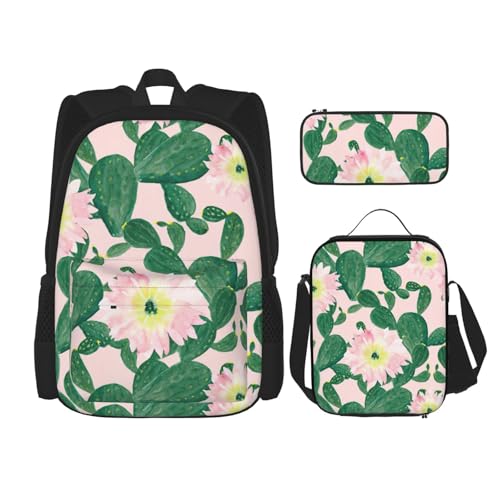 WURTON Schulrucksack-Set mit Kaktusmotiv, 3-in-1, Büchertaschen-Set mit Lunchbox, Federmäppchen, Reise-Laptop, Tagesrucksäcke