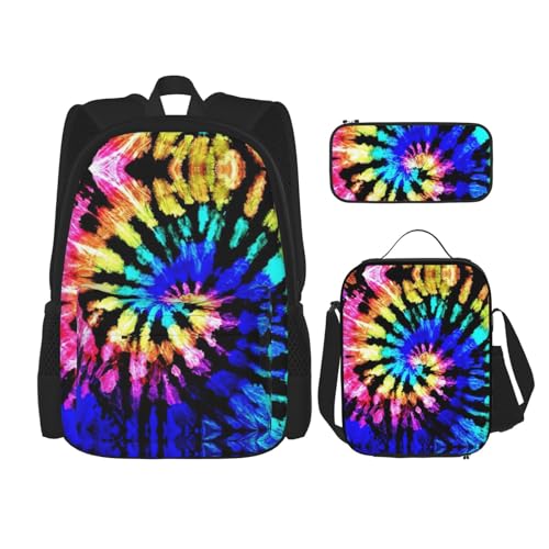 WURTON Exotic Tribe Tie Dye Style Print Trendy Rucksack Taschen Lunchbox und Federmäppchen 3 in 1 Verstellbarer Rucksack Set, Schwarz, Einheitsgröße, Schwarz , Einheitsgröße