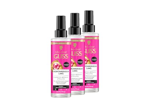 Gliss Express-Repair-Spülung Verführerisch Lang (3x 200 ml), Haarspülung für verführerisch langes Haar, Pflegespülung mit Hitzeschutz für Schutz vor zukünftigen Haarschäden