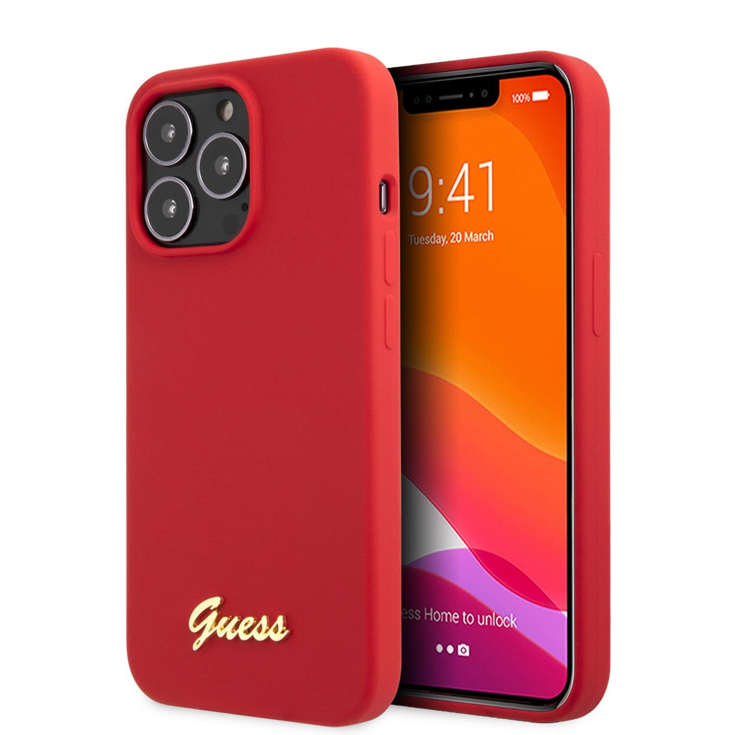 Guess Handyhülle für iPhone 13 Pro Max in Rot, Silikon, glatte & kratzfeste Schutzhülle mit einfachem Snap-on, Stoßdämpfung & Signature Logo