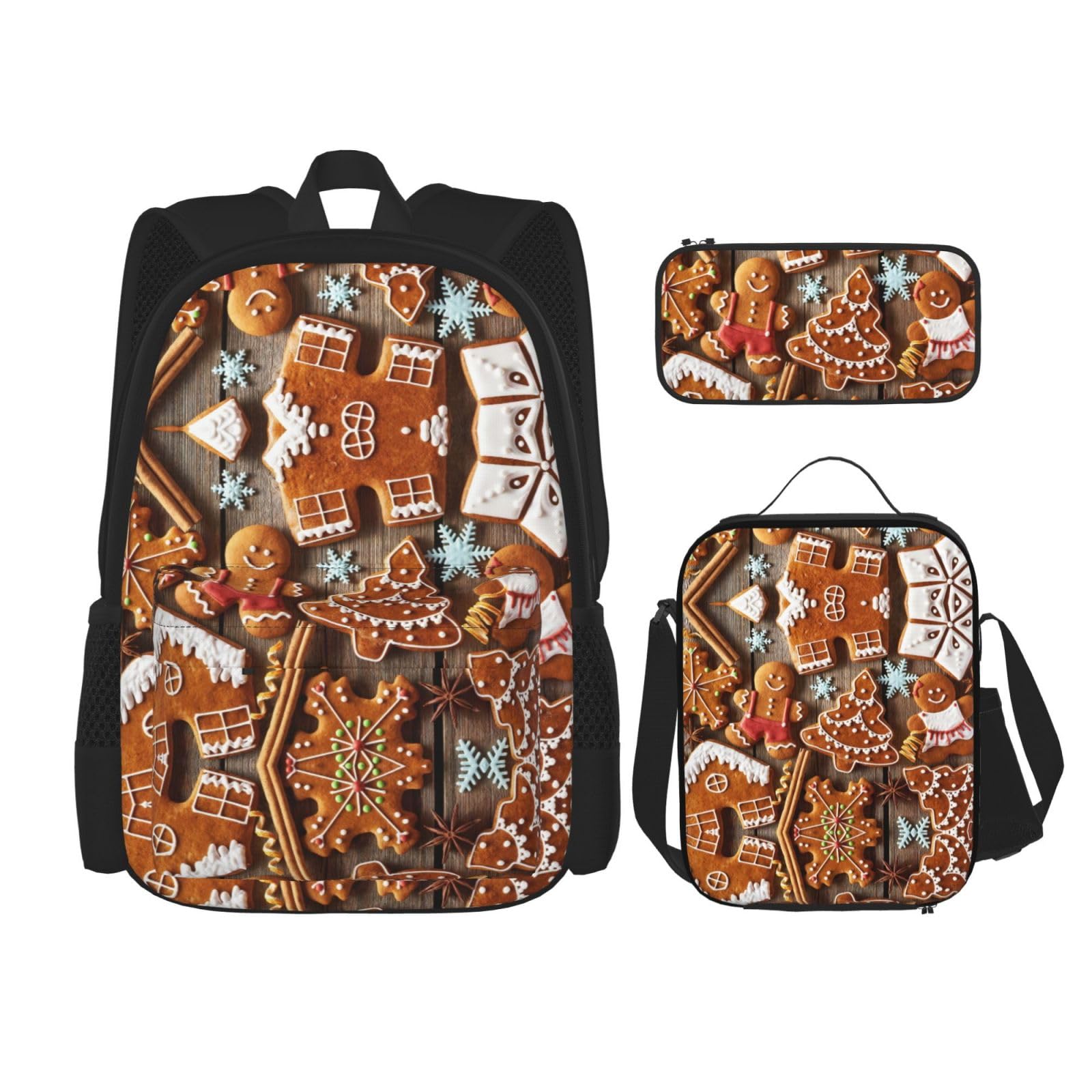 WURTON 3-in-1-Set mit Lebkuchen-Aufdruck, verstellbarer Schulter-Rucksack, Lunch-Tasche, Federmäppchen, Beutel, Schwarz, Einheitsgröße