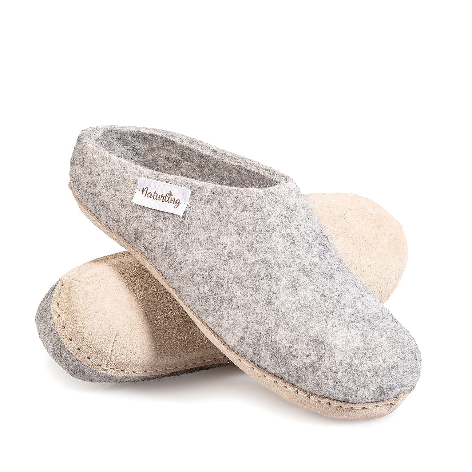 naturling Damen Hausschuhe -bequeme Filz Pantoffeln - echte Ledersohle Grau 36 (Grau, 36 EU, numeric_36)