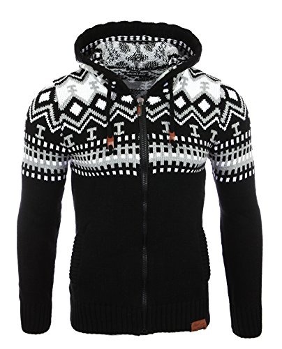 Reslad Herren Grobstrick Norweger Pullover Winter Strickjacke Kapuzenpullover RS-3104 (L, Schwarz-Weiß)