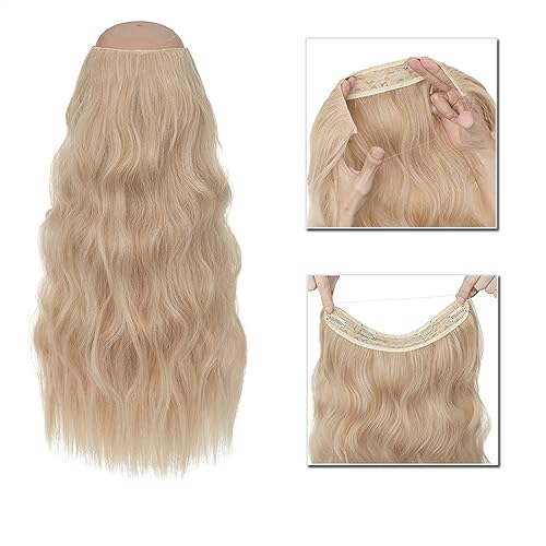 Clip-in-Haarverlängerungen Synthetische Haarverlängerungen, 50,8–61 cm, unsichtbarer Draht, künstliche Haarverlängerungen, 4 Clip, gefälschtes, falsches, langes, gewelltes Haarteil, blond, for Damen C