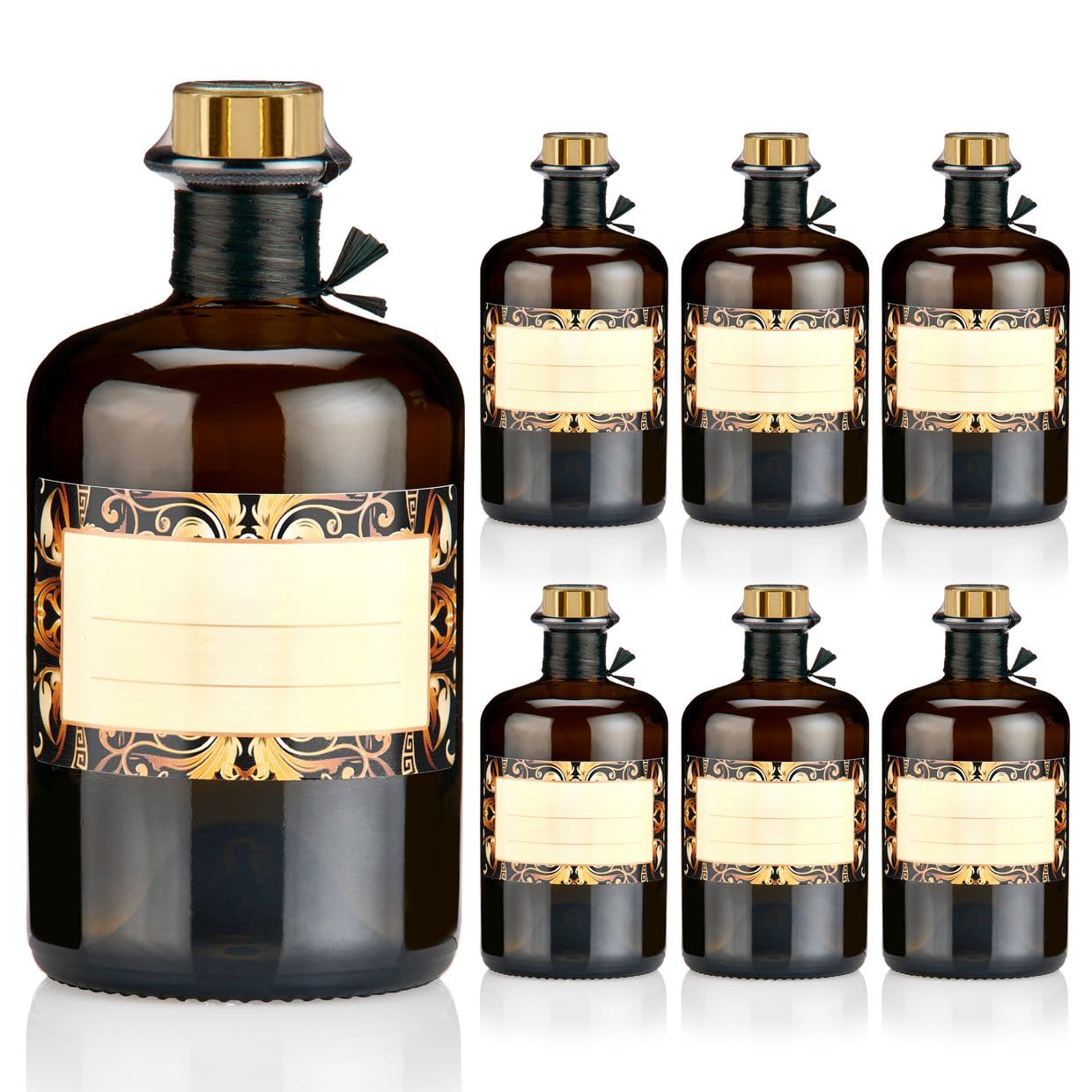 6x Apothekerflaschen braun 500ml Geschenkset mit Korken gold, Band, Kapseln & Etiketten Motiv Roma, 0,5L Glasflaschen schwarz antik leer, Braunglas Flaschen für Öl, Gin uvm.